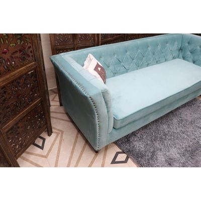 Designer Velvet Rolled Arm Chesterfield Sofa (3 Seater Sky Blue)
