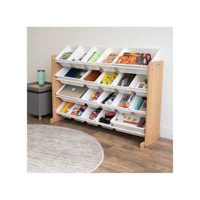 Homesmiths Extra-Large Toy Organizer, Natural Wood / White With 16 Storage Bins, Perfect for Home, Play Schools and Kindergarten D39.37cm X W106.68cm X H88.9cm