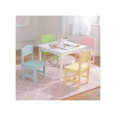 Homesmiths Kid's Wooden 1 Table & 4 Pinewood Chairs Set with Wainscoting Detail, Pastel, Gift for Ages 3-8