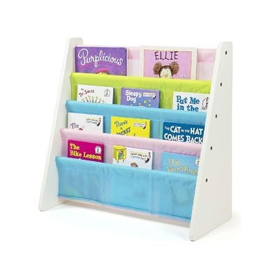 Homesmiths 5 Shelf Book Rack Wood Melamine With 5 Pastel Color Fabric | Natural Wood | Primary Kids Book Rack Storage Bookshelf D30cm x W65cm x H65cm (White)