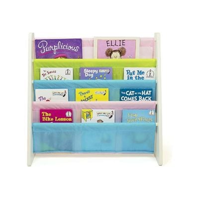 Homesmiths 5 Shelf Book Rack Wood Melamine With 5 Pastel Color Fabric | Natural Wood | Primary Kids Book Rack Storage Bookshelf D30cm x W65cm x H65cm (White)