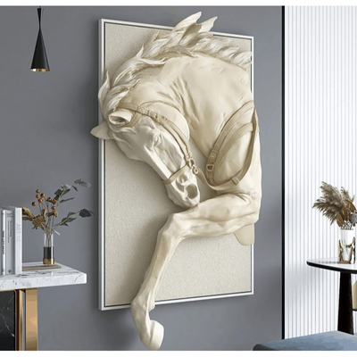 لوحة جدارية ثلاثية الأبعاد بتصميم حصان لديكور الحائط والمنزل - 130 ارتفاع × 75 عرض سم - لبيج