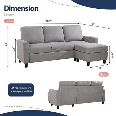 Convertible L-Shaped Wide Reversible Sectional Sofa 3 Seater With Ottoman
