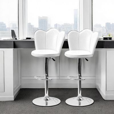 SBF Bar Stools Modern PU Leather Height Adjustable Bar Stools with Back and Footrest, Round Shape Swivel Bar Stool for Kitchen and Dining, Chrome Base Hydraulic Barstools, Set of 2, White