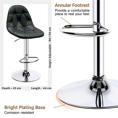 SBF Bar Stools Modern PU Leather Height Adjustable Bar Stools with Back and Footrest, Diamond Shape Swivel Bar Stool for Kitchen and Dining, Chrome Base Hydraulic Barstools, Set of 2, Black