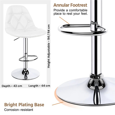 SBF Bar Stools Modern PU Leather Height Adjustable Bar Stools with Back and Footrest, Diamond Shape Swivel Bar Stool for Kitchen and Dining, Chrome Base Hydraulic Barstools, Set of 2, White