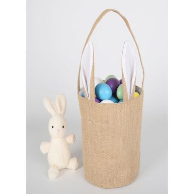 Homesmiths Easter Bunny Baskets with Ears Stand Up, Cute Easter Canvas Jute Bags, Easter Burlap Bunny Ear Tote Bags for Kids Gift Egg Hunting Candy, White. 20x22 cm