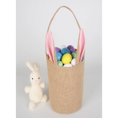 Homesmiths Easter Bunny Baskets with Ears Stand Up, Cute Easter Canvas Jute Bags, Easter Burlap Bunny Ear Tote Bags for Kids Gift Egg Hunting Candy, Pink. 20x22 cm