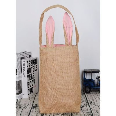 Homesmiths Easter Bunny Baskets with Ears Stand Up, Cute Easter Canvas Jute Bags, Easter Burlap Bunny Ear Tote Bags for Kids Gift Egg Hunting Candy, Pink. 20x22 cm