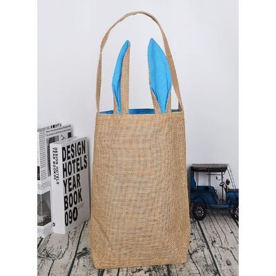 Homesmiths Easter Bunny Baskets with Ears Stand Up, Cute Easter Canvas Jute Bags, Easter Burlap Bunny Ear Tote Bags for Kids Gift Egg Hunting Candy, Blue. 20x22 cm