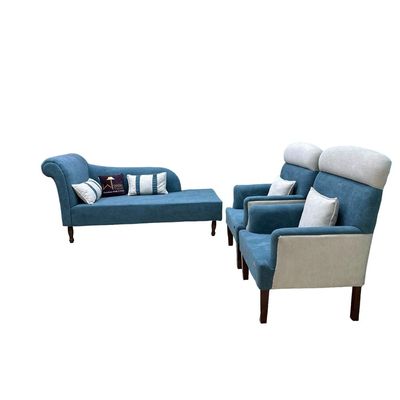 Wooden Twist Swanky Home Decor Teak Wood Boucle Fabric Sofa Set 3+1+1 with 4 Cushions Elegant Living Room