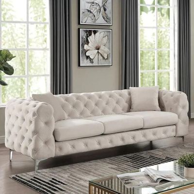 Wooden Twist Sapphira Modern Elegant Button Tufted Design Solid Wood 3 Seater Sofa with Comfortable Cushions ( Metal Legs )