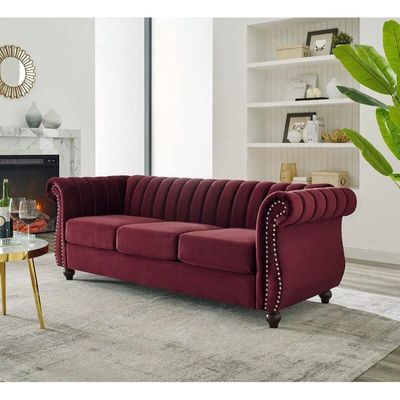 Designer Velvet Rolled Arm Chesterfield Sofa (3 Seater)