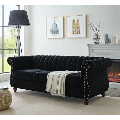 Designer Velvet Rolled Arm Chesterfield Sofa (3 Seater)