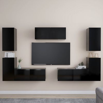 7 Piece TV Cabinet Set Black Engineered Wood