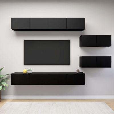 6 Piece TV Cabinet Set Black Engineered Wood