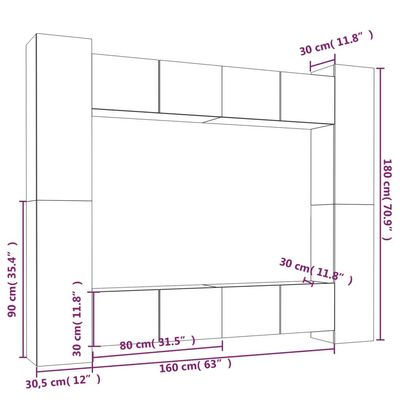 8 Piece TV Cabinet Set Black Engineered Wood