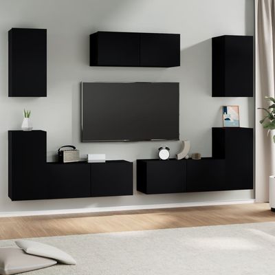 7 Piece TV Cabinet Set Black Engineered Wood