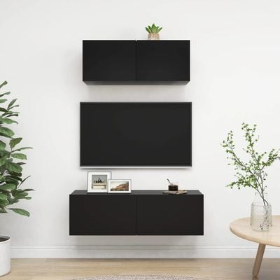 2 Piece TV Cabinet Set Black Engineered Wood