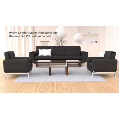 Mahmayi Three Seater Sofa PU Leatherette for Room, Modern Executive Sofa, Office Lounge Seater With Metal Legs & High Density Foam Sofa - Black