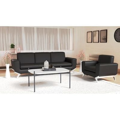 Mahmayi Three Seater Sofa PU Leatherette for Room, Modern Executive Sofa, Office Lounge Seater With Metal Legs & High Density Foam Sofa - Black