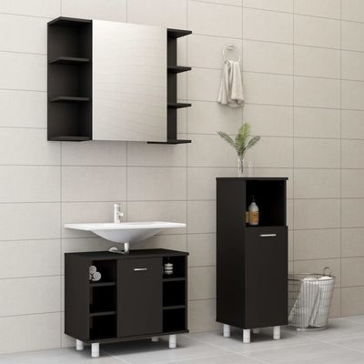 3 Piece Bathroom Furniture Set Black Engineered Wood