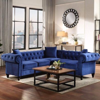 Chesterfield Luxurious Velvet Symmetrical Corner Sectional With Table And Cushions