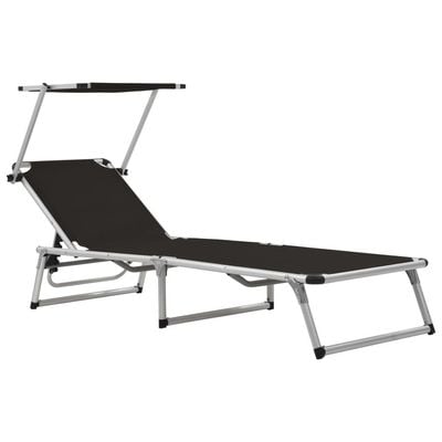 Folding Sun Lounger with Roof Aluminium and Textilene Black