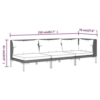 3 Piece Garden Lounge Set Dark Grey Half Round Poly Rattan