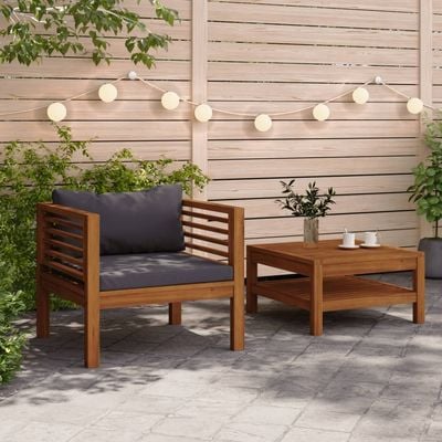 2 Piece Garden Sofa Set with Dark Grey Cushions Acacia Wood