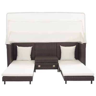 Extendable 3-Seater Sofa Bed with Roof Poly Rattan Brown