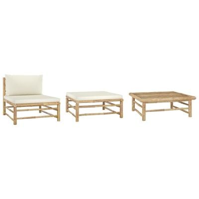 3 Piece Garden Lounge Set with Cream White Cushions Bamboo