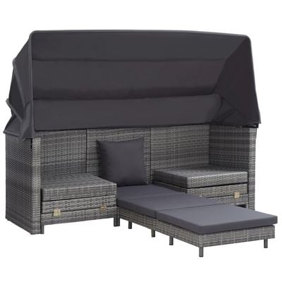 Extendable 3-Seater Sofa Bed with Roof Poly Rattan Grey