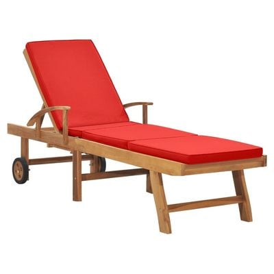 Sun Lounger with Cushion Solid Teak Wood Red