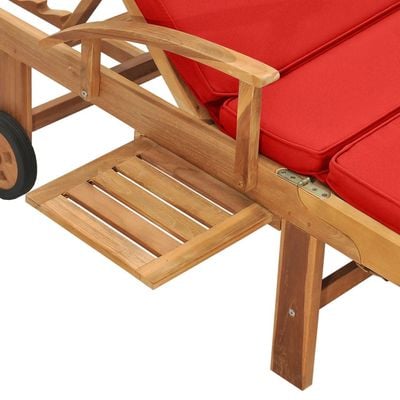 Sun Lounger with Cushion Solid Teak Wood Red