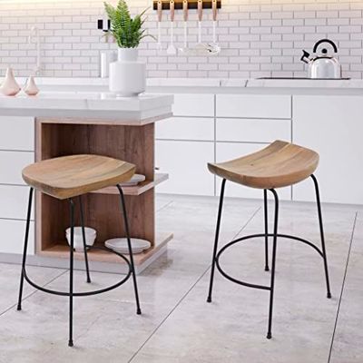 Bar Stool with Natural finish On Top and Black Metal Base SET OF 2