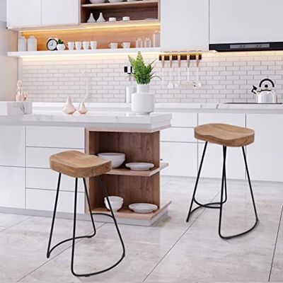 Saddle Bar Stool With Natural Finish on Top and Black Metal Base SET OF 2