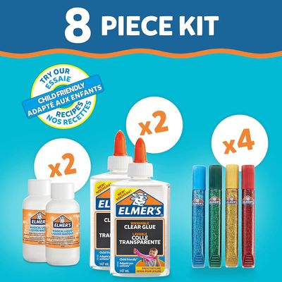 ELMER'S Glue Slime Starter Kit, Clear Glue, Glitter Glue Pens and Magical Liquid Slime Activator Solution, 8 Count, Rainbow Slime Kit, 2050943