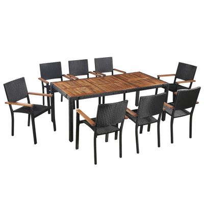 9 Piece Outdoor Dining Set Poly Rattan and Acacia Wood Black