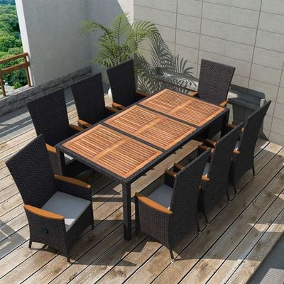 9 Piece Outdoor Dining Set Poly Rattan Acacia Wood Black