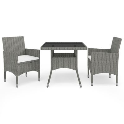 3 Piece Garden Dining Set Grey Poly Rattan and Glass