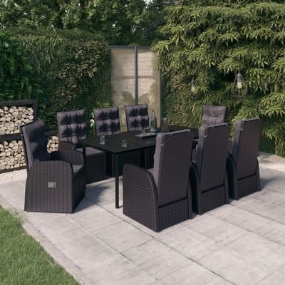 9 Piece Garden Dining Set with Cushions Black