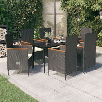 7 Piece Garden Dining Set with Cushions Black