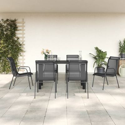 7 Piece Garden Dining Set Black Steel and Textilene