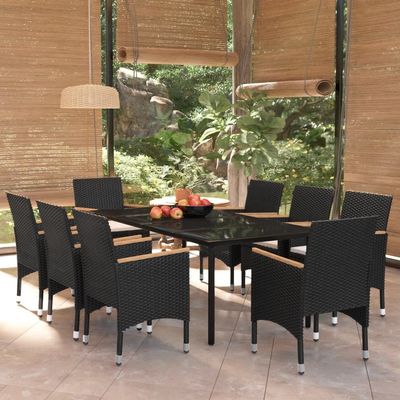 9 Piece Garden Dining Set with Cushions Black