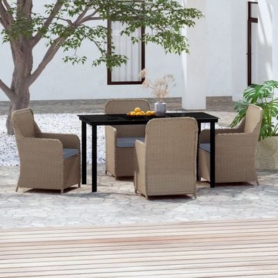 5 Piece Garden Dining Set with Cushions Brown