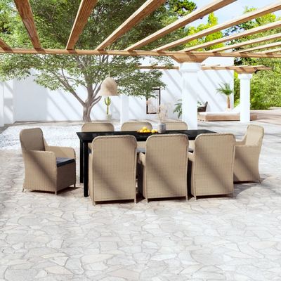 9 Piece Garden Dining Set with Cushions Brown