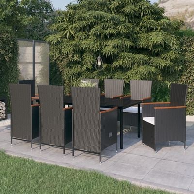 9 Piece Garden Dining Set with Cushions Black