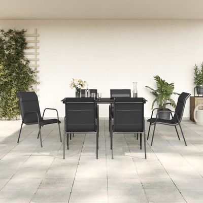 7 Piece Garden Dining Set Black Steel and Textilene