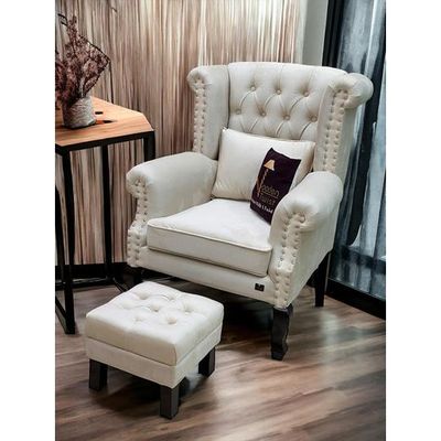 Wooden Magestic Wing Chair for Living Room with Footrest (Beige)
